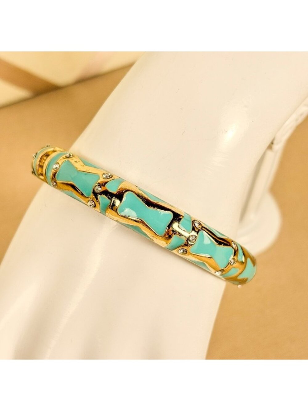 Vintage Turquoise Blue Gold Tone Clamper Bangle Bracelet Rhinestone 7.25" B95